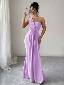 Elenzya Vestido elegante y romántico para mujer con escote asimétrico, cintura ceñida, bajo de cola de pez, decoración de perlas, adecuado para fiestas y reuniones - Púrpura malva - Ver 6