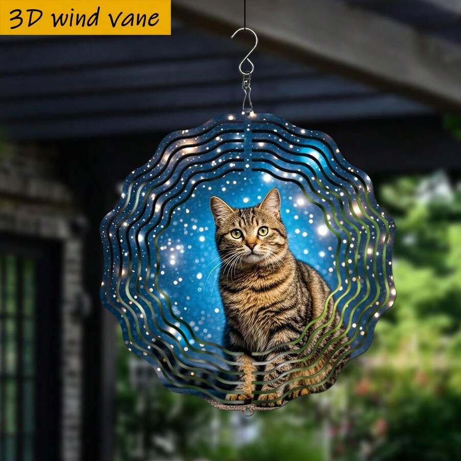 3D立体“星空下的猫咪”风铃，10英寸*10英寸，带旋转挂钩，360°旋转DIY创意风铃装饰，经典款式，无需电池即可旋转