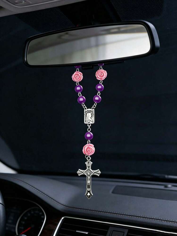 Chuỗi hạt Mân Côi Công giáo Pearl Rose, đồ trang trí treo gương chiếu hậu, mặt dây chuyền hình thánh giá, đồ trang trí xe hơi tôn giáo, chuỗi hạt cầu nguyện Kitô giáo, phụ kiện ô tô, thích hợp làm quà tặng tôn giáo cho người lái xe. - A - Xem 10