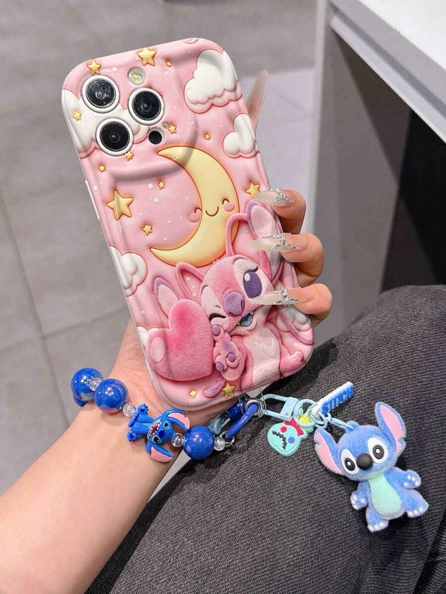 Disney Has Authorized, Phone Case - Chain Set, The Stitch Lilo & Stitch 3D Phone Case Plus A Silicone 3D Stitch Bracelet With Metallic Ring Removable Bracelet, Stitch And Angel Pattern, Compatible With Iphone17/16/15/14/13/12/11/XS/XR/X Plus Pro Max, A Stylish Cartoon Phone Case, The Perfect Gift Choice, Phone Protection, Durable Phone Cover, Great Gift For Friends And Family. - trắng - Xem 1