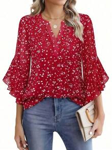Áo kiểu nữ cỡ lớn in hoa nhí bằng vải chiffon, viền bèo nhún, tay lỡ 3/4 và cổ chữ V mềm mại – Kiểu áo thanh lịch, thoải mái cho công sở, mùa xuân, hè, thu và kỳ nghỉ (màu đỏ). - Đỏ - Xem 2