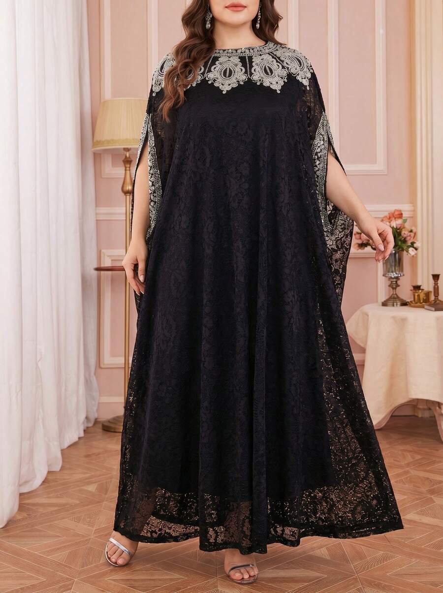 Solessence Plus Size Women's Stand Collar Solid Color Lace Trim, Applique Detail, Soft Lace Fabric Comfortable Arabic Style Long Robe, Suitable For Holidays And Daily Occasions Black Spring - Black - View 1