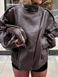 Chaqueta de cuero de textura de lichí versátil y minimalista de estilo europeo y americano para mujer, de alta gama, para el otoño/invierno - Marrón - Ver 2