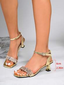 Gold Rhinestone Embellished One-Strap Peep Toe Chunky Heel Sandals, Shiny High Heels For Party And Banquet, Fairy-Like Style - Gold - View 8