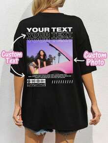 Women's Custom Y2K Style Oversized T-Shirt - Upload Your Selfie/Friend/Pet/Partner Photo, Enter Your Text/Blessing/Name/Meaningful/Funny Text - Casual Loose Short Sleeve Black T-Shirt For Women - Holiday Gift, Party Gift, Music Festival Merchandise, Special Gift, Creative Gift, Couple T-Shirt, Best Friend T-Shirt, Teamwork Uniform, Summer Corporate Customization, Custom Bootleg T-Shirt - 黑色 - 查看 1