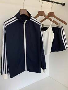 Conjunto casual de 2 piezas de chaqueta con cremallera de manga larga a rayas y pantalones cortos para mujer - Azul marino - Ver 5