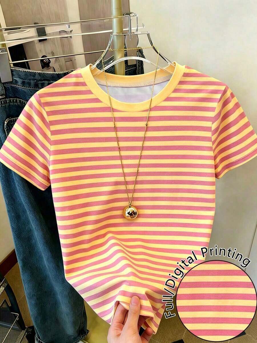 Camiseta de mujer de manga corta, cuello redondo y rayas, informal, para verano - Multicolor 2 - Ver 1