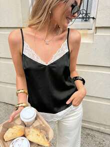 Camiseta de mujer con encaje de contraste, versátil y de moda - Negro - Ver 4