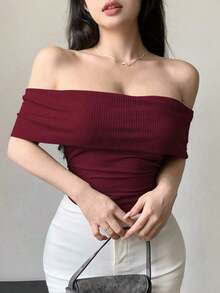 Blusa/Camiseta ajustada de hombros descubiertos con estampado de lunares para mujer - Burdeos - Ver 2