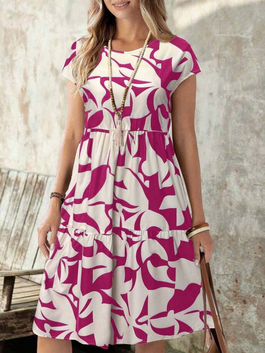 Vestido corto con cuello redondo y manga corta de estampado geométrico, casual para mujer, adecuado para primavera/verano - Rosa Fucsia - Ver 1