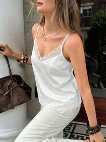 Top de camiseta sin mangas de uso diario versátil y casual con parches de encaje para mujer - Blanco 2 - Ver 7