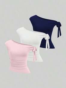 Set de 3 camisetas casuales de mujer en unicolor con hombros oblicuos y cómodas - Multicolor 6 - Ver 1