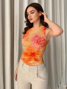 Camiseta de tirantes plisada minimalista y elegante para mujer, adecuada para el verano - Naranja - Ver 5