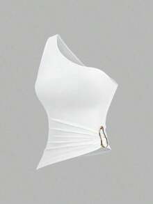 Conjunto de blusa con cuello asimétrico, un solo hombro y decoración de hebilla metálica, adecuado para vacaciones en la playa - Multicolor 7 - Ver 4