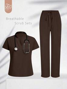 Conjunto de uniforme azul marino para mujer, hecho de tela de alta calidad y transpirable, adecuado para deportes, enfermería y trabajo, con bolsillos, perneras acampanadas, conjunto de uniforme de moda, adecuado para clínicas dentales, conjunto de uniforme de unicolor, conjunto de pantalones deportivos para mujer, laboratorio y cuidado de mascotas en hospitales - Marrón - Ver 8