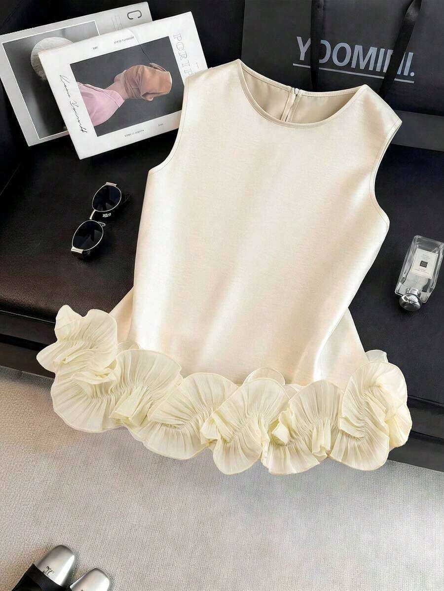 Blusa sin mangas de satén con doble capa y volantes, elegante, adecuada para salidas y citas de primavera/verano - Albaricoque - Ver 1
