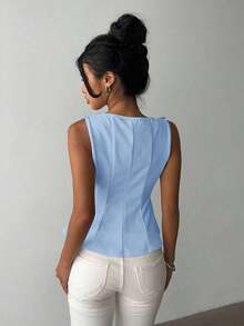 Blusa sin mangas elegante para ir al trabajo, diseño minimalista - Azul - Ver 2