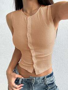Chaleco casual de mujer de un solo pecho con cuello redondo de unicolor - Caqui - Ver 1