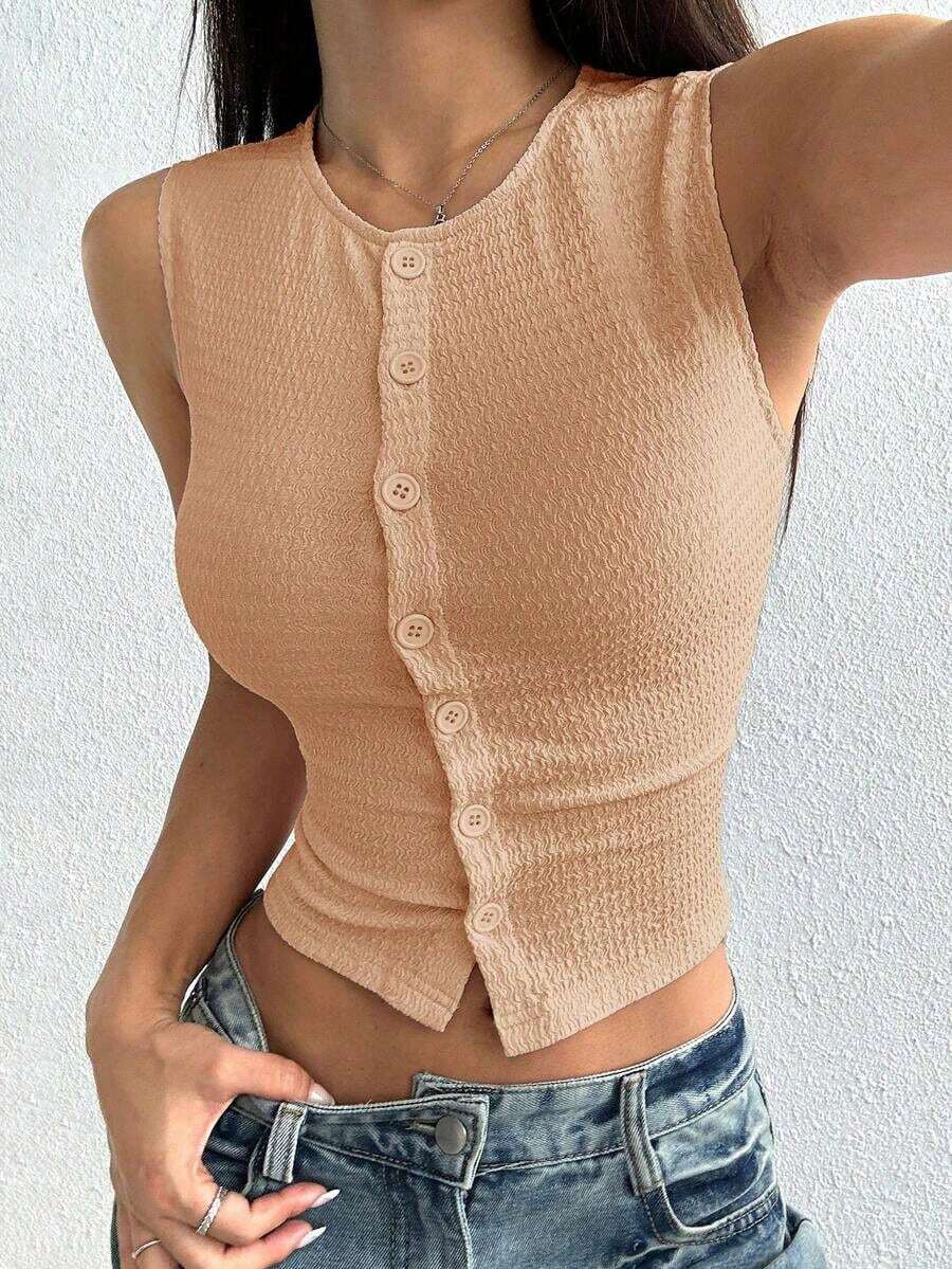 Chaleco casual de mujer de un solo pecho con cuello redondo de unicolor - Caqui - Ver 1