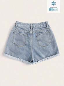 Shorts vaqueros de tiro alto con lunares enrollados de verano - Azul 3 - Ver 2