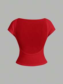 4 piezas Camisetas ajustadas de cuello redondo de unicolor con contraste, con espalda descubierta y calada, adecuadas para primavera/verano, carnaval, de manga corta, básicas, de mujer - Multicolor 4 - Ver 10