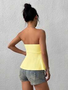 Camiseta de tirantes elegante de estilo francés de punto color albaricoque para mujer, adecuada para citas y vacaciones - Amarillo - Ver 2