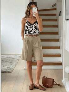 Camiseta de verano para mujer con estampado de leopardo marrón, de estilo minimalista, retro y elegante, versátil para uso diario o vacaciones.Camiseta de mujer con escote en V y encaje de contraste a la moda - Multicolor 4 - Ver 2