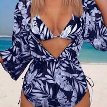 Swim Lushore Swimsuits For Woman Summer Beach 3packs Random Tropical Print Halter Drawstring Side Bikini - Azul Marino - Ver 1