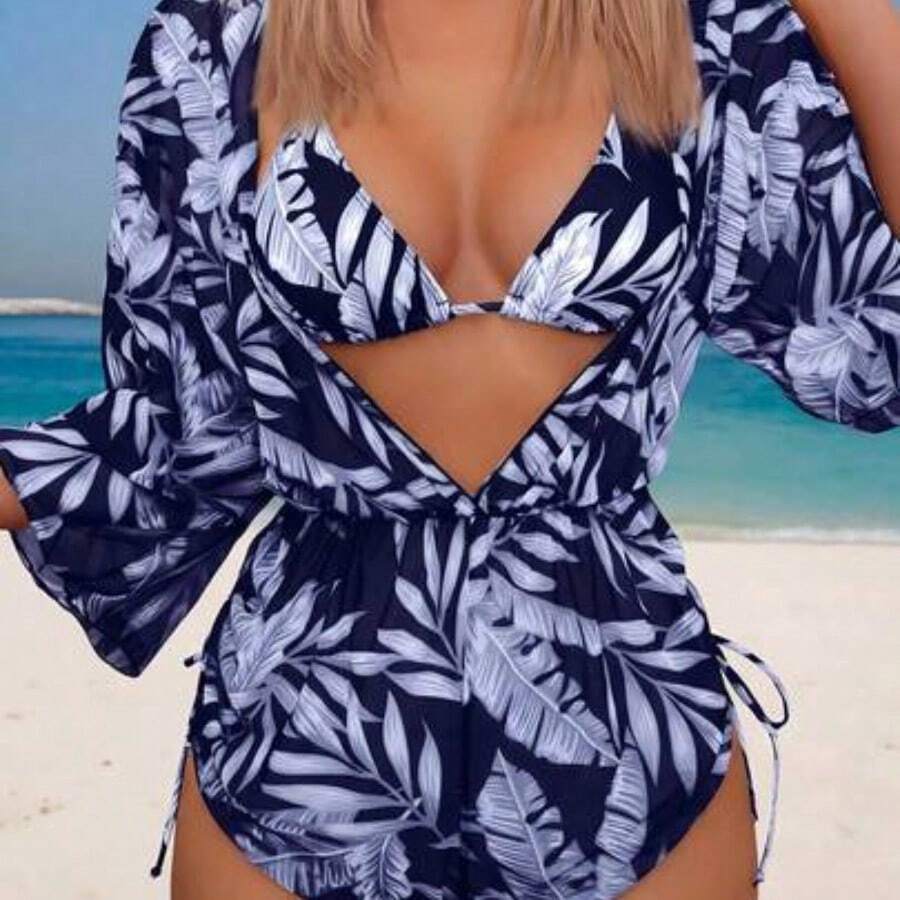 Swim Lushore Swimsuits For Woman Summer Beach 3packs Random Tropical Print Halter Drawstring Side Bikini - Azul Marino - Ver 1