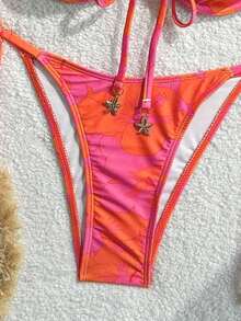 Conjunto de bikini para mujer con top de tirantes con aros y sujetador push-up con estampado digital y Bottom con lazos laterales, para primavera/verano - Naranja 2 - Ver 4