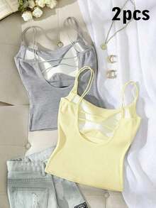 Paquete de 2 tops de camiseta acanalada con sujetador acolchado incorporado - Rosa y Negro/Lunares blancos, tops versátiles casuales para verano y uso en todas las estaciones, estilos suaves y limpios para chica, perfectos para el hogar, la escuela - Negro 7 - Ver 1