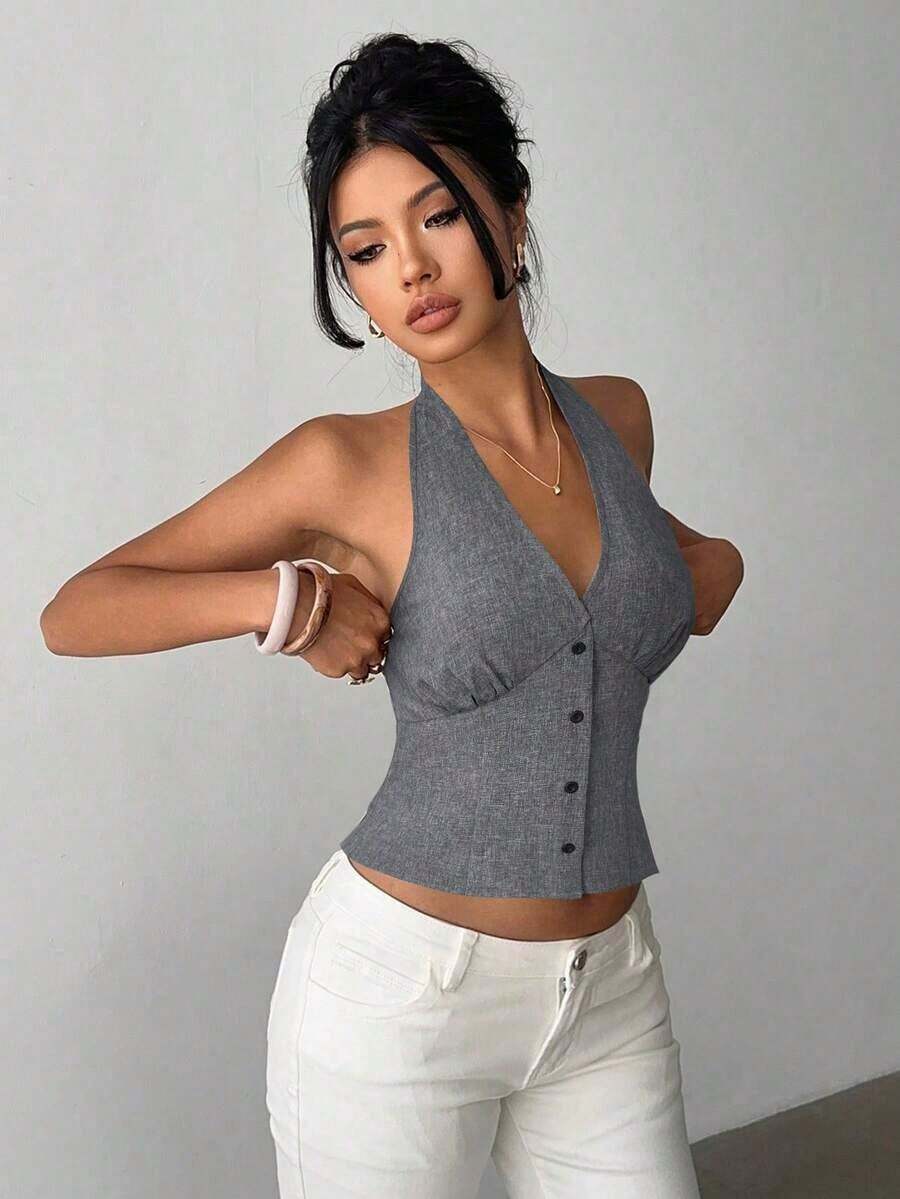 delgado de mujer de algodón con rayas, cuello alto y abotonadura sencilla, para otoño/invierno - Gris Oscuro - Ver 1