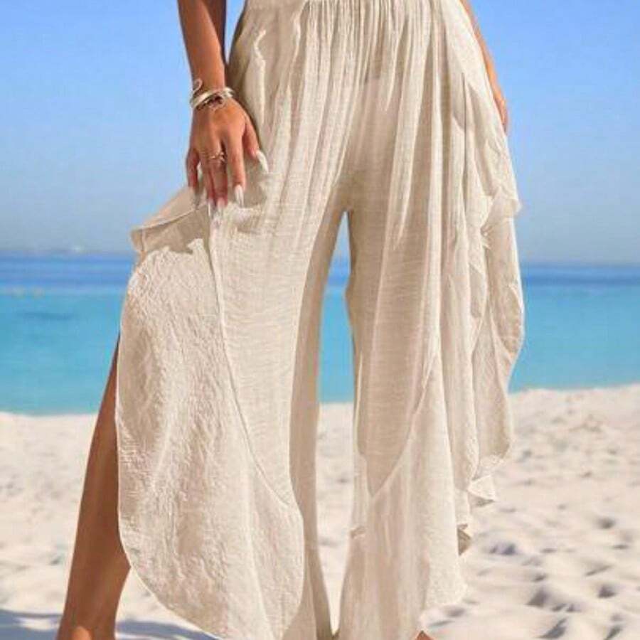 Swim Vcay Summer Outfits For Women 1pc Solid Color Ruffle Trim Sheer Beach Cover Up Pants Summer - Albaricoque - Ver 1