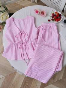 Sweetro Set de 2 piezas: Pantalones rectos con cordones y rayas, estilo callejero para mujer, verano - Rosa - Ver 9