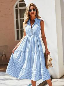Vestido largo de línea A con cuello en pico y estampado de rayas, atuendo de vacaciones y playa para mujeres - Azul - Ver 7