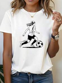 Size - Size - Black And Minimalist Style, Football, Women's Casual Fashion T-Shirt With Round Neck And Oversized Print For Spring And Summer, Suitable For Daily Wear, Shopping, Parties, Commuting, Versatile, Elegant For Women - 白色 - 查看 1