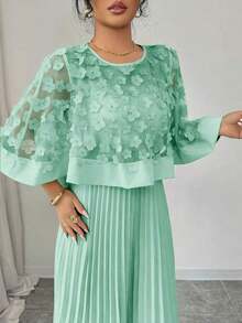 Vestido con decoración floral elegante y bajo plisado, adecuado para bodas, fiestas de cumpleaños y otras ocasiones, otoño - verde menta - Ver 3