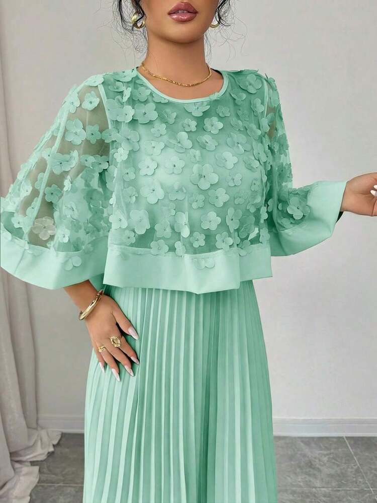 Vestido con decoración floral elegante y bajo plisado, adecuado para bodas, fiestas de cumpleaños y otras ocasiones, otoño - verde menta - Añade 3