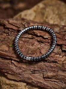 YOUNG&RICH YOUNG & RICH Men's Natural Lava Stone Bracelet, Matte Black Volcanic Rock Disc Beads Elastic Bracelet, Minimalist Dark Tone Daily Jewelry For Men - Black - View 2