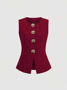 Tall Top sin mangas con botones metálicos básicos de estilo minimalista francés para mujeres altas - Burdeos - Ver 1