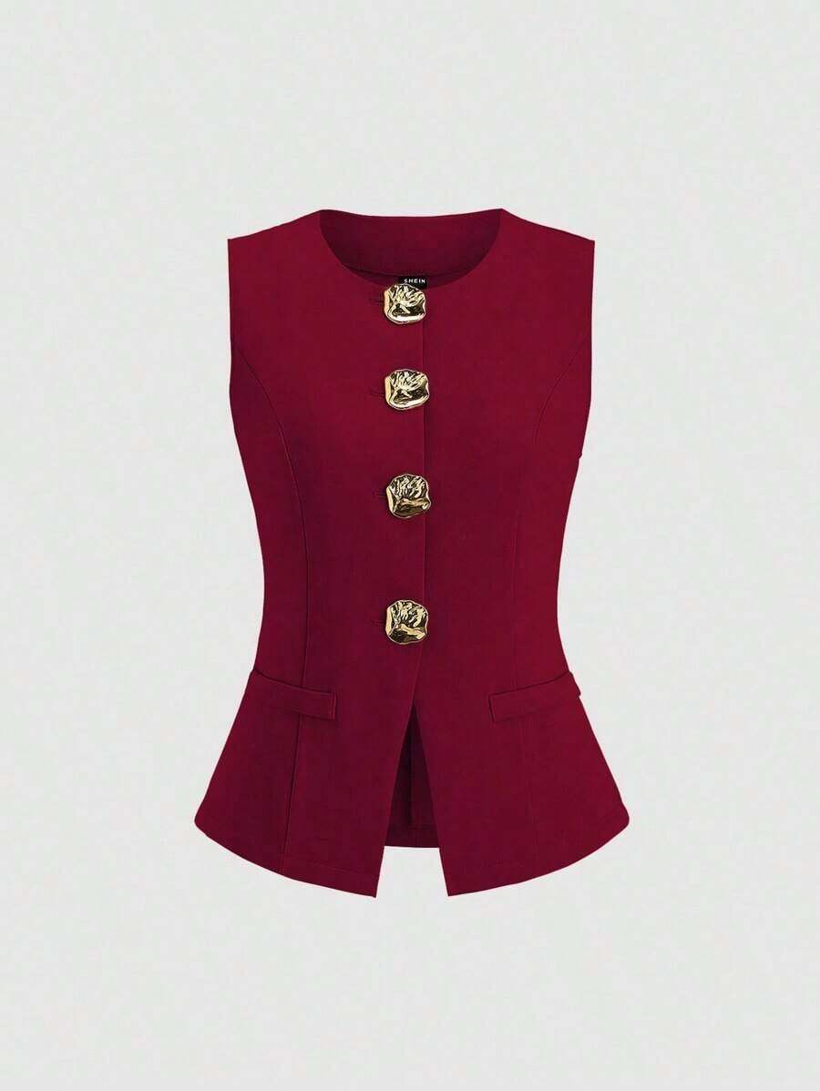 Tall Top sin mangas con botones metálicos básicos de estilo minimalista francés para mujeres altas - Burdeos - Ver 1
