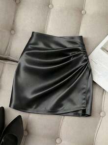 Falda ajustado plisada de cintura alta con dobladillo asimétrico brillante y elegante para mujer, primavera/verano - Negro - Ver 7