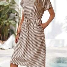 Women's Casual Striped Drawstring Waist Mid-Length Dress, Vacation Wear - Marrón - Ver 1