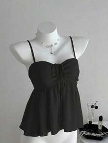 Camiseta de tirantes con volantes de unicolor lindo para damas, ropa de verano para la universidad - Negro - Ver 7