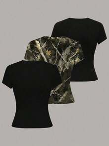 Camiseta casual de mujer de manga corta con cuello redondo de unicolor para verano - Multicolor 5 - Ver 2