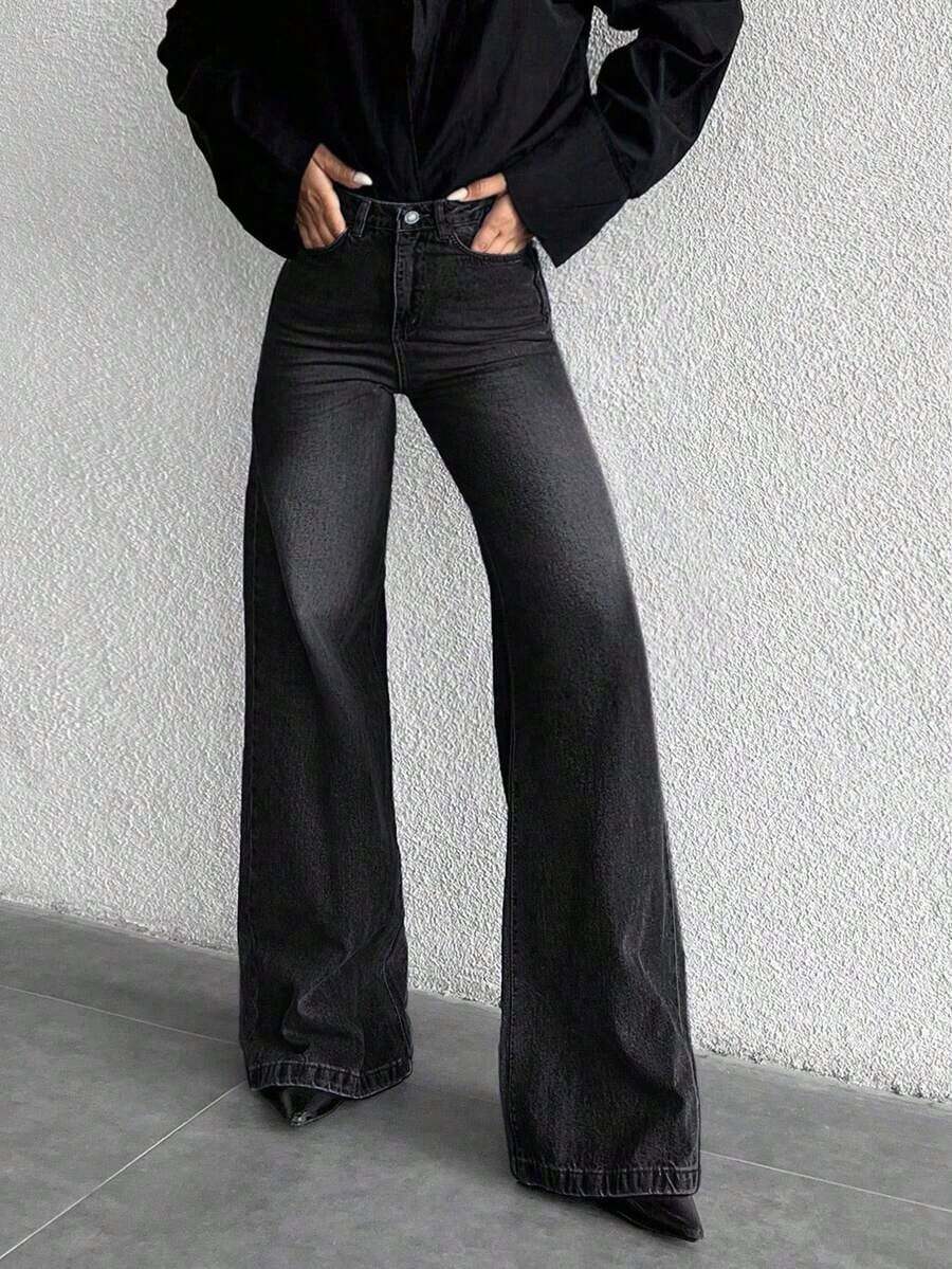 Jeans de mezclilla casual de cintura alta y pierna ancha lavados para mujeres - Negro 2 - Ver 1