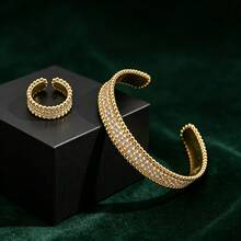 1 Set Zirconia Inlaid Personalized Bracelet And Ring Set, Adjustable Open Bangle And Ring Size, Gold Jewelry, Suitable For Ramadan, Festivals And Daily Wear - Gold - View 2
