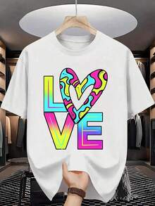 Camiseta Estampada para Hombre con diseño moderno de corazón abstracto 'LOVE' en colores vibrantes, ideal para un look casual y llamativo - Blanco - Ver 1