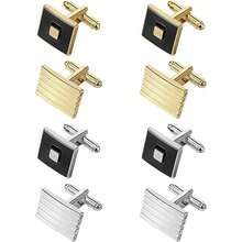 4pcs Men's Classic Color Cufflinks, Fashionable Striped Round & Square Cufflinks In Gold/Silver, Suitable For Business, Wedding, Party Gifts - Multicolor - View 3