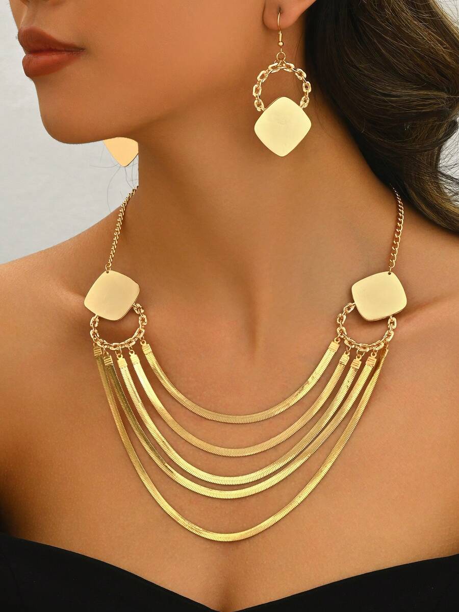 Ensemble de 3 pièces/set Collier et boucles d'oreilles pour femmes avec chaîne serpent plate carrée géométrique multicouche et franges, convient pour les banquets, les fêtes et les mariages - Or jaune - Voir 1